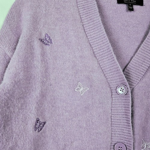 Witty Fox Womens Purple Butterfly Embroidered Cropped Long Sleeve Cardigan Small - Picture 3 of 7