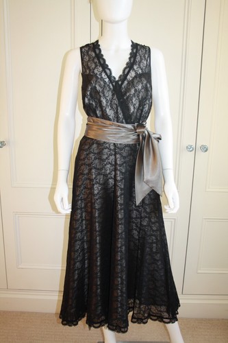 LAURA ASHLEY SHEER BLACK LACE SILVER SATIN 50'S COCKTAIL MIDI DRESS 16 £150 NWOT - Picture 1 of 10