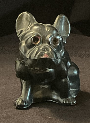 Vintage Tiffin Satin Black Glass Art Deco French Bulldog w/Gold Studded Collar - Picture 3 of 9