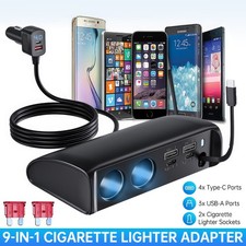 9-in-1 Car Cigarette Lighter Socket Splitter Fast Charger Power Adapter 12V/24V