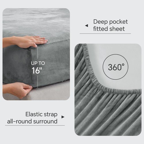 Flannel Sheets Queen Size Grey - Super Soft Fleece Sheets Set Fluffy Extra Pl... - Picture 4 of 7