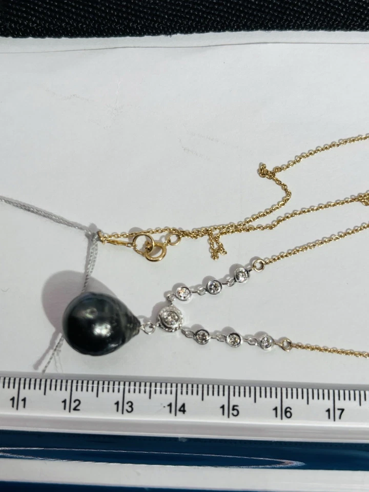 pearl necklace fine jewelry black pinctada 14-12mm 14k gold 0.5ct diamonds - Image 2 of 3