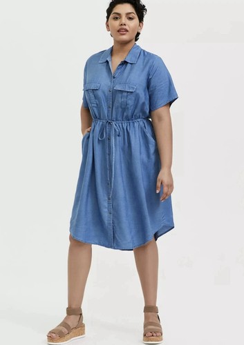 Torrid Women’s XXL (2) Blue Chambray Button Front Drawstring Shirt Midi Dress - Picture 11 of 12