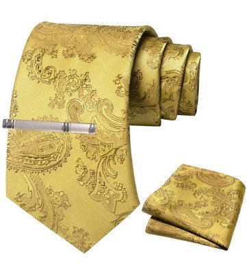 Men's paisley tie set with tie clip and pocket square, mustard yellow