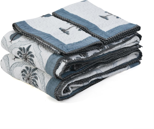California King Quilt Set - Lightweight Summer Block Print Quilt Cal King - Dust - Picture 2 of 9