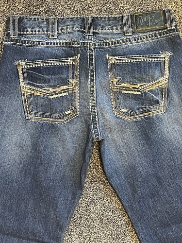 Pantalones de mezclilla Wrangler Rock 47 para hombre 36x36 azul corte bota punto grueso bordado - Imagen 6 de 6