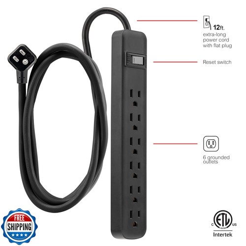 GE 6-Outlet Power Strip, 12 Ft Extension Cord, Flat Plug, Grounded, Integrate - Picture 3 of 5