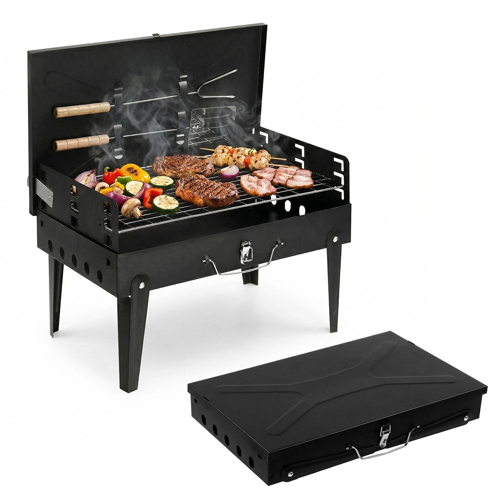 Tabletop Portable Grill with Lid & Adjustable Vents Folding Charcoal BBQ Outdoor