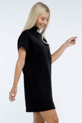 Women's Mock Neck Short Sleeve Mini Sweater Dress with Pocket - Picture 19 of 42