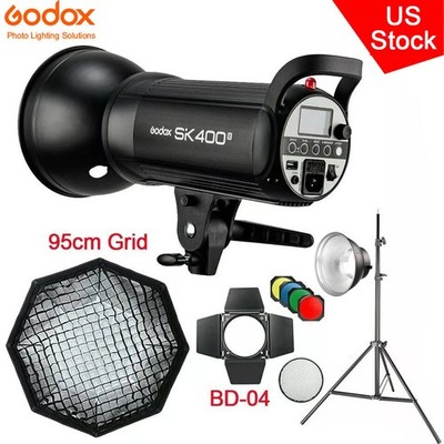 US Godox SK400II 400W Studio Flash Head+BD-04+95cm Grid Softbox+2m Light Stand