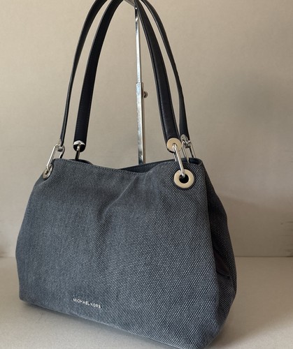 Michael Kors Stylish Grey Fabric Shoulder Bag Three Roomy Sections