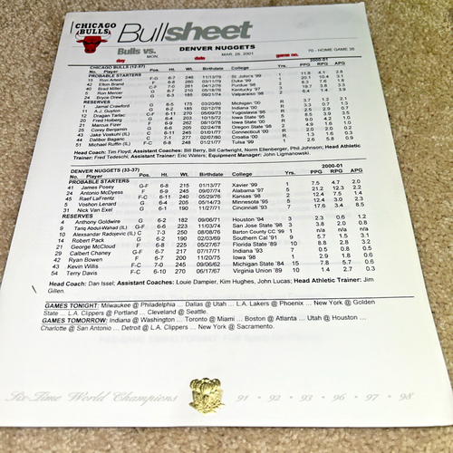 Mar 26 2001 CHICAGO BULLS BULLSHEET & Official Scorer's Report vs DENVER NUGGETS - Imagen 2 de 14