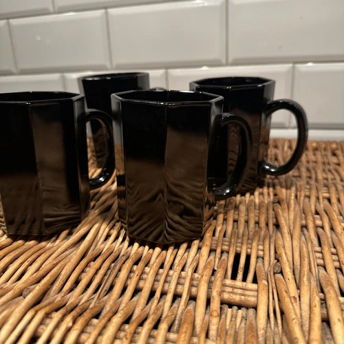 Arcoroc France Octime Black Octagon Glass Mugs Set Of 4