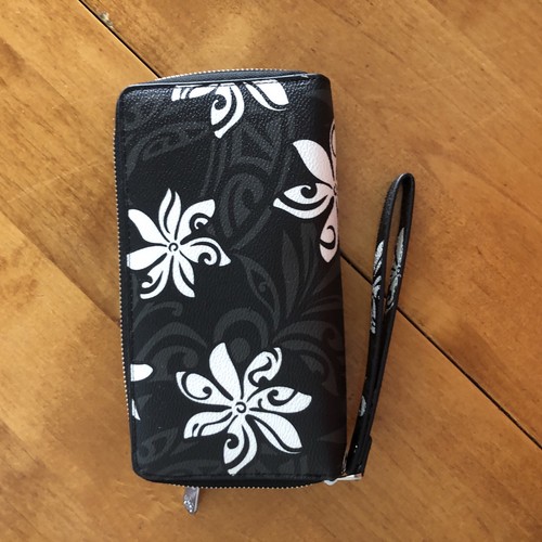 Happy Wahine Negro Blanco Floral Muñequera Cartera Cartera Cremallera Alrededor Estampado Hawaiano - Imagen 2 de 8