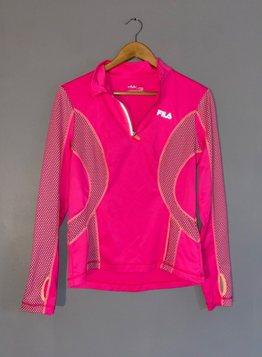 Small FILA Running Quarter Zip Performance Workout Shirt Neon Pink w/Dots