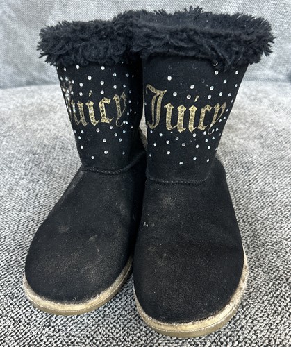 Juicy Couture Big Girls Burbank Rhinestone Black Fur Boots Shoes Size 2 Youth - Bild 1 von 6