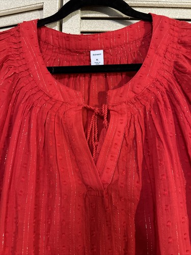 NWOT Old Navy Tunic Blouse XL Red Semi Sheer Gold Metallic Thread Peasant - Picture 3 of 9
