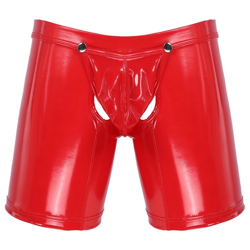 Men's Shorts Wetlook PVC Leather Boxer Briefs Button Crotch Bulge Pouch Panties - Picture 7 of 34