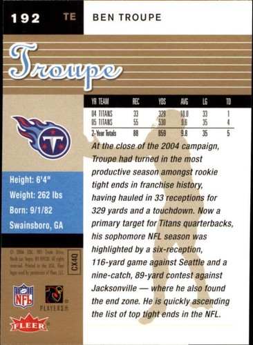 Fleer Ultra Gold Medallion 2006 Ben Troupe #192 Tennessee Titans UF GATORS 🏈 - Imagen 2 de 2
