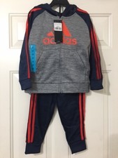 NWT Adidas Boys 2-Piece Zip Jacket  Pant Set - Grey/Navy/Orange Size 4T