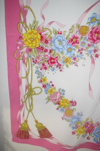 Signed Bayron Vintage Silk 32" Square Scarf Tassel Bow Floral Print Pink Border - Picture 7 of 15