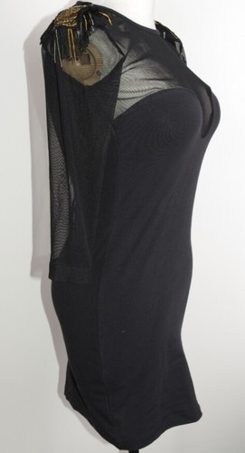 MOTEL BLACK GOLD BODYCON TASSEL POWER SHOULDER GENERAL MILITARY SHORT DRESS S - Picture 9 of 12