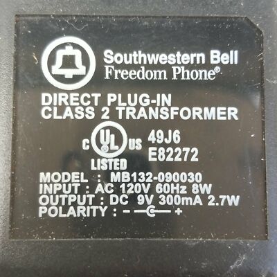 Southwestern Bell Freedom MB132-090030 AC Adapter Transformer 9VDC 300mA