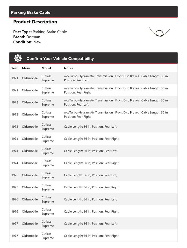 Cabo de freio de estacionamento Oldsmobile Cutlass Supreme Dorman 1972 1973 1971-1977 - Imagem 2 de 4
