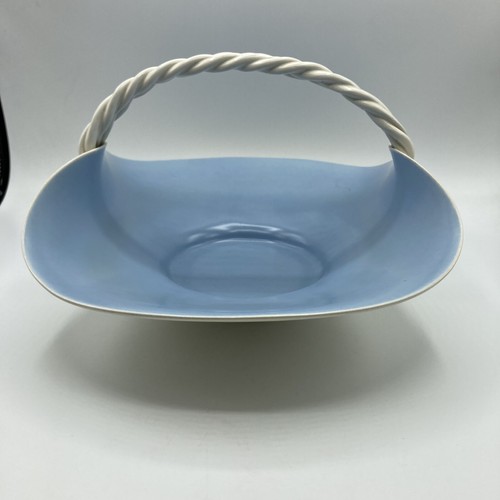 Vtg California Pottery Ceramic Basket Bowl Twist Rope Handle Satin Cream Blue - Picture 11 of 14