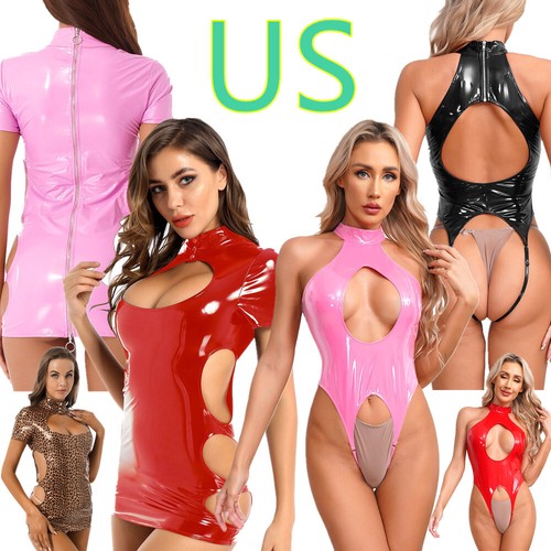 Sexy Women Leather Mini Dress Wet Look Bodycon Lingerie Party Club Wear - Bild 1 von 69