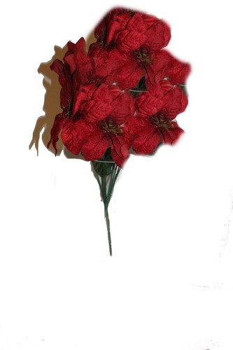 1 Bush, 13" Velvet Sparkling Christmas, 5 stems 4" Artificial Poinsettia Flowers - Picture 20 of 43