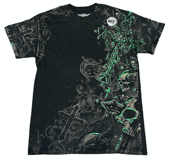 Rare MMA ELITE Black Green Foil Skulls Cross Short Sleeve