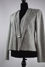 Chanel Sz 40 Cotton Bld One CC Logo Button Blazer Jacket France Navy White Beige