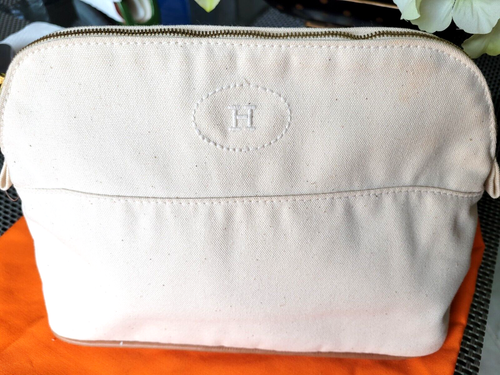 AUTH. HERMES BOLIDE MEDIUM IVORY TRAVEL CASE BAG POUCH COTTON/LEATHER H LOGO - Picture 3 of 12