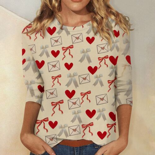 Women's Casual Round Neck Bowknot Printed Three-quarter Sleeve T-shirt Top - Picture 25 of 36