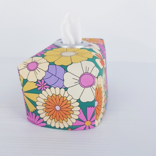 Tissue Box Cover Handmade Retro Floral Print Pink Orange Silver Circle Opening - Picture 10 of 17