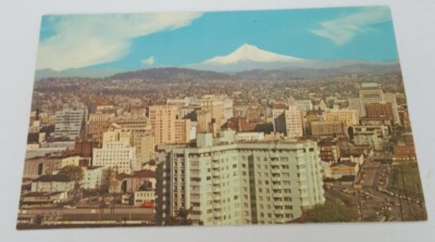 #ad 1960s postcard downtown Portland City View elevated full View Mount Hood Oregon $4.49