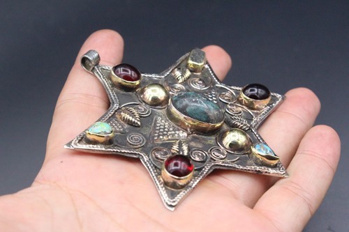 Turkmen Alpaka Star Shape Pendant, Turquoise Stone Tribal Judaica Pendant #P07 - Picture 8 of 8