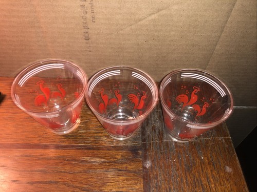 Set Of 3 Red Rooster Vintage Hazel Atlas Libbey Juice Glass Shot Red & White 3" - Picture 5 of 9
