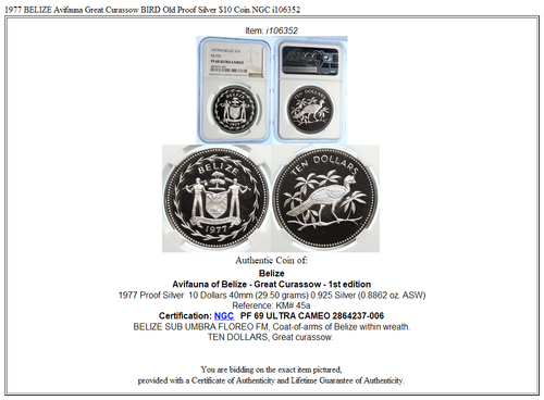 1977 BELIZE Avifauna Great Curassow BIRD Old Proof Silver $10 Coin NGC i106352 - Picture 5 of 5