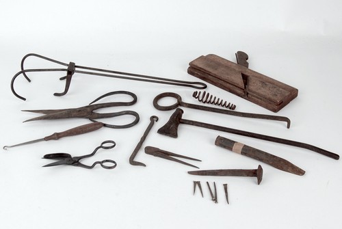 17 Antique Tools/Items - Wood Plane, Candle Wick Trimmer, RR Tie, Hatchet, Hook - Picture 6 of 12