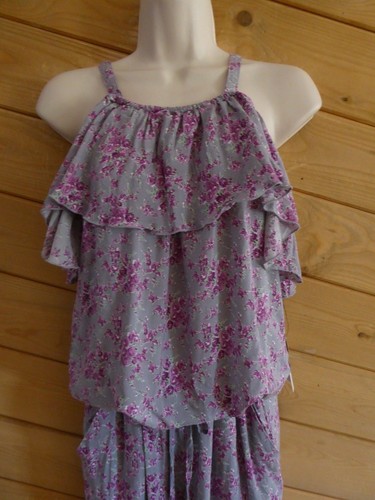 IORI Sz M Gray Purple Floral Jumpsuit Ruffle Romper Lounge Long Pants NWT Japan - Picture 3 of 10