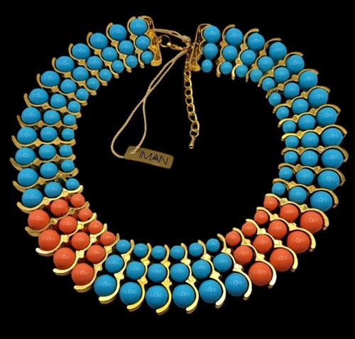 IMAN Faux Turquoise & Coral Beaded Statement Necklace Collar Gold Tone NWT - Picture 7 of 7