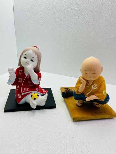Vintage Set of 2 Asian Clay Figure Boy and Hakata With Bases - Picture 2 of 12