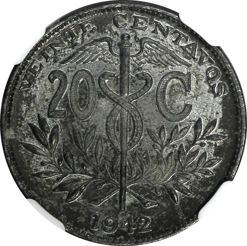 Bolivia Zinc 1942 20 Centavos NGC MS63 TOP GRADED BY NGC WWII KM#183 (2) - Picture 4 of 5