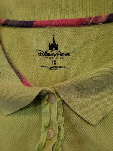 Disney Parks Ruffled Polo Shirt Women 1X Cotton Short Sleeve Lime Green & Pink - Picture 3 of 11