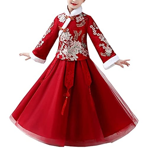 Girls Hanfu Dress Embroidered Winter Warm Traditional Chinese New Year Tang Suit - Picture 1 of 11