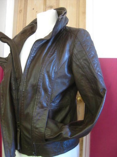 Ladies NEXT LEATHER JACKET 12 bomber biker blue lining brown real aviator flying - Picture 9 of 12