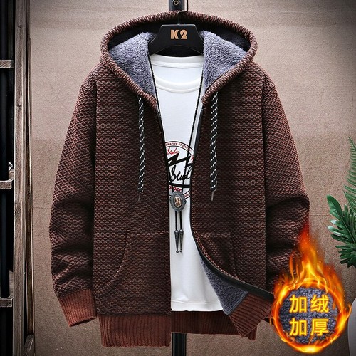 Herren Plüsch Verdickte Strickjacke Herren Warm Pullover Männer Kapuze Reißverschluss Mantel - Bild 21 von 23