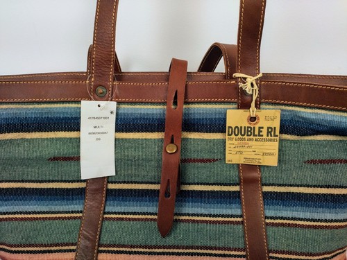 RRL RALPH LAUREN Hand Woven Jacquard Striped Canvas Leather Trim Tote Bag XL NWT - Picture 6 of 7